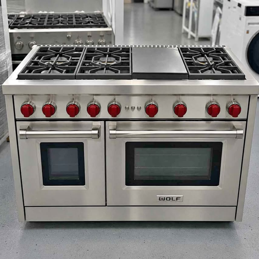 Brand new Wolf 48 inch professional gas range with griddle and red knobs, stainless steel, dual oven