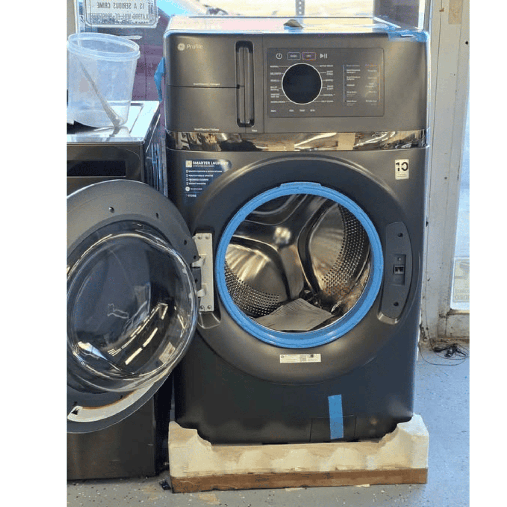 GE Profile ventless washer dryer combo door open showing drum
