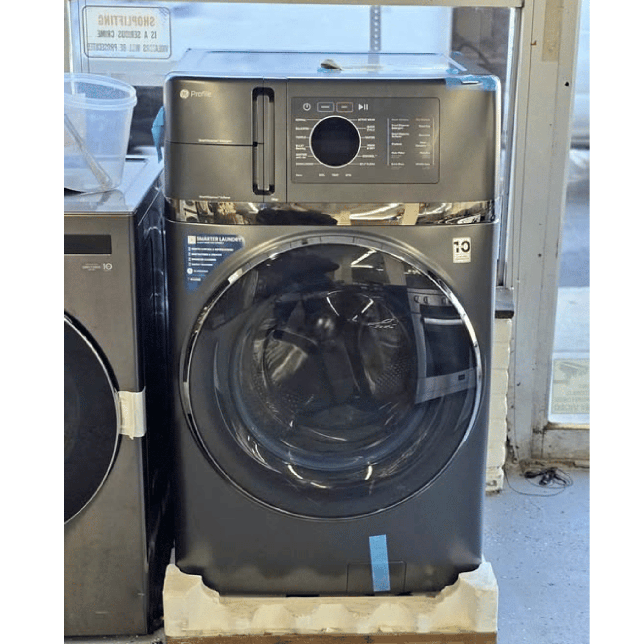 GE Profile all-in-one washer dryer combo, black slate, front view