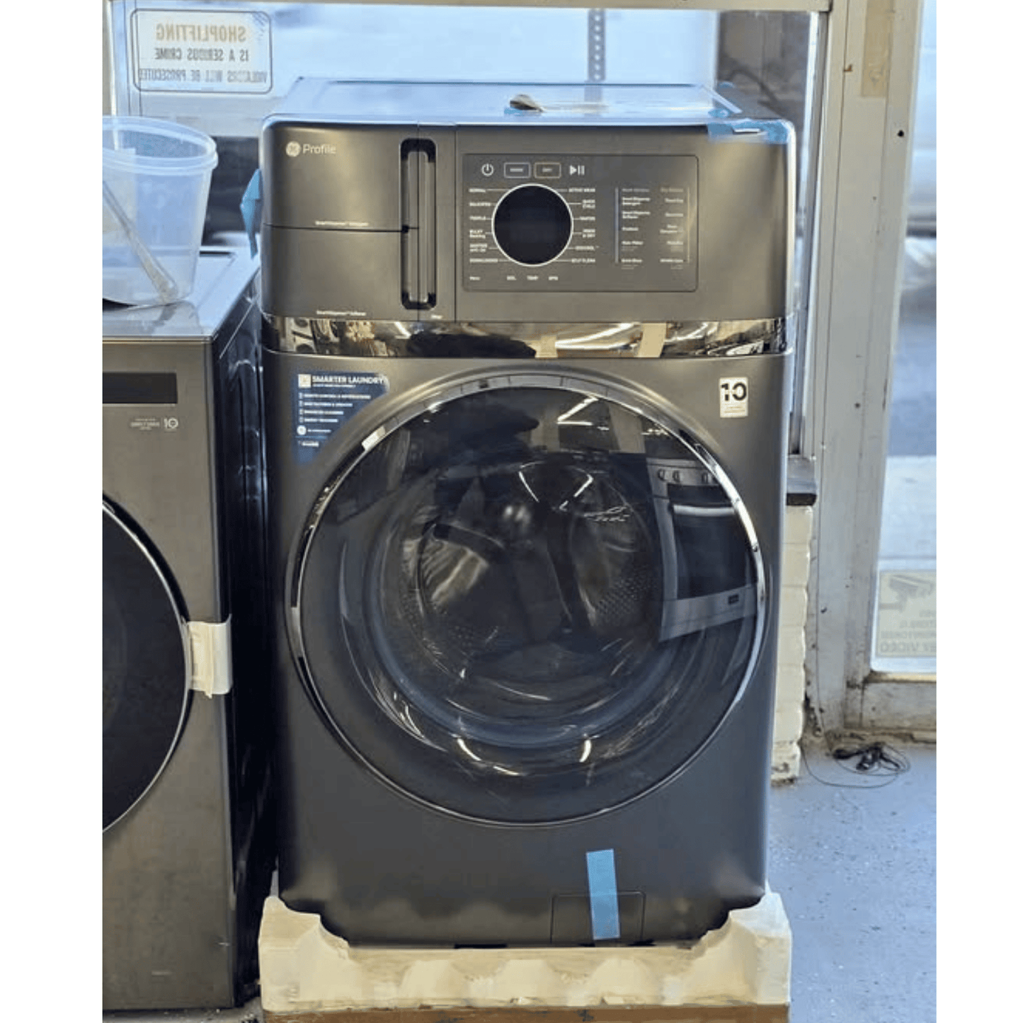 GE Profile all-in-one washer dryer combo, black slate, front view