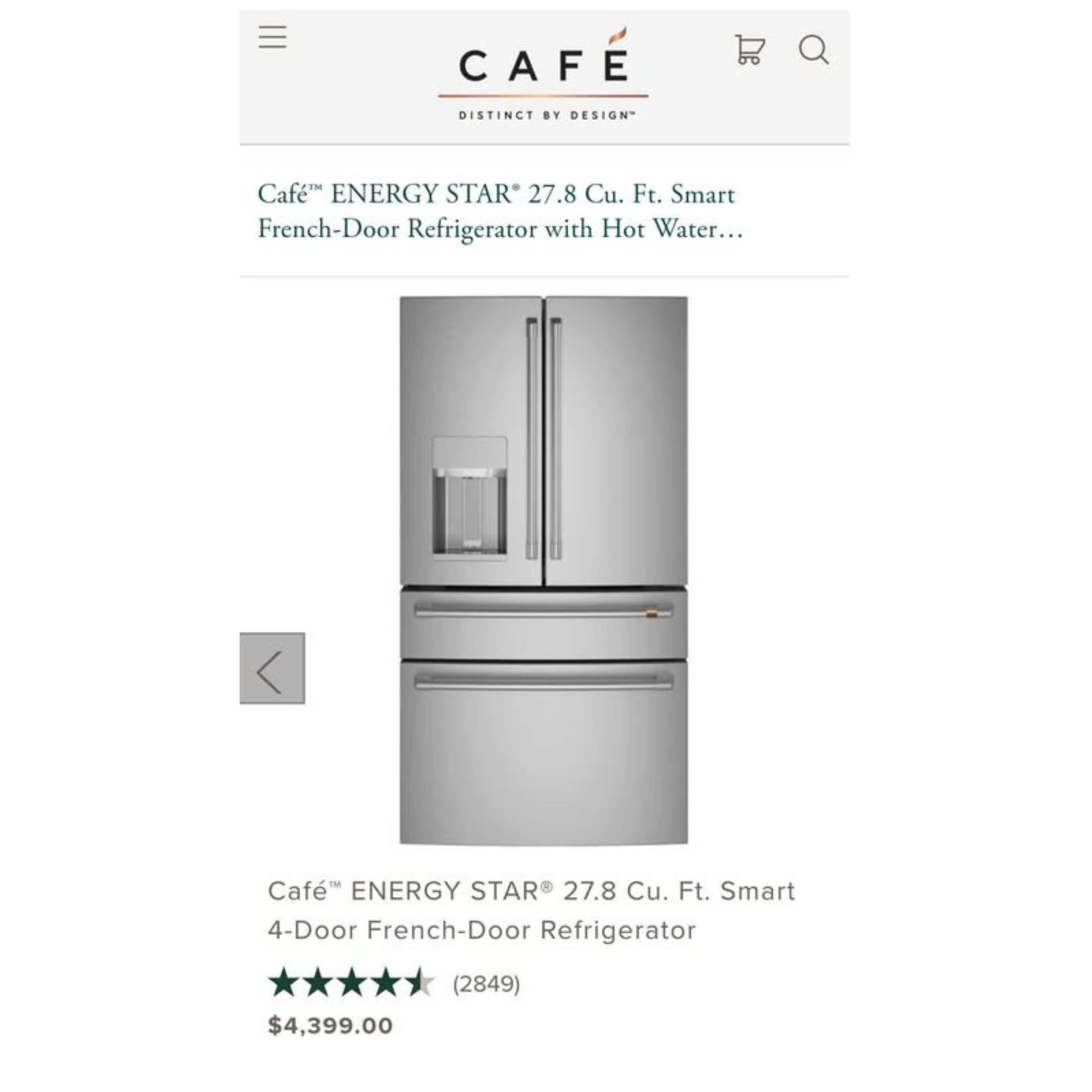A product listing page showing a Café Energy Star 27.8 cu.