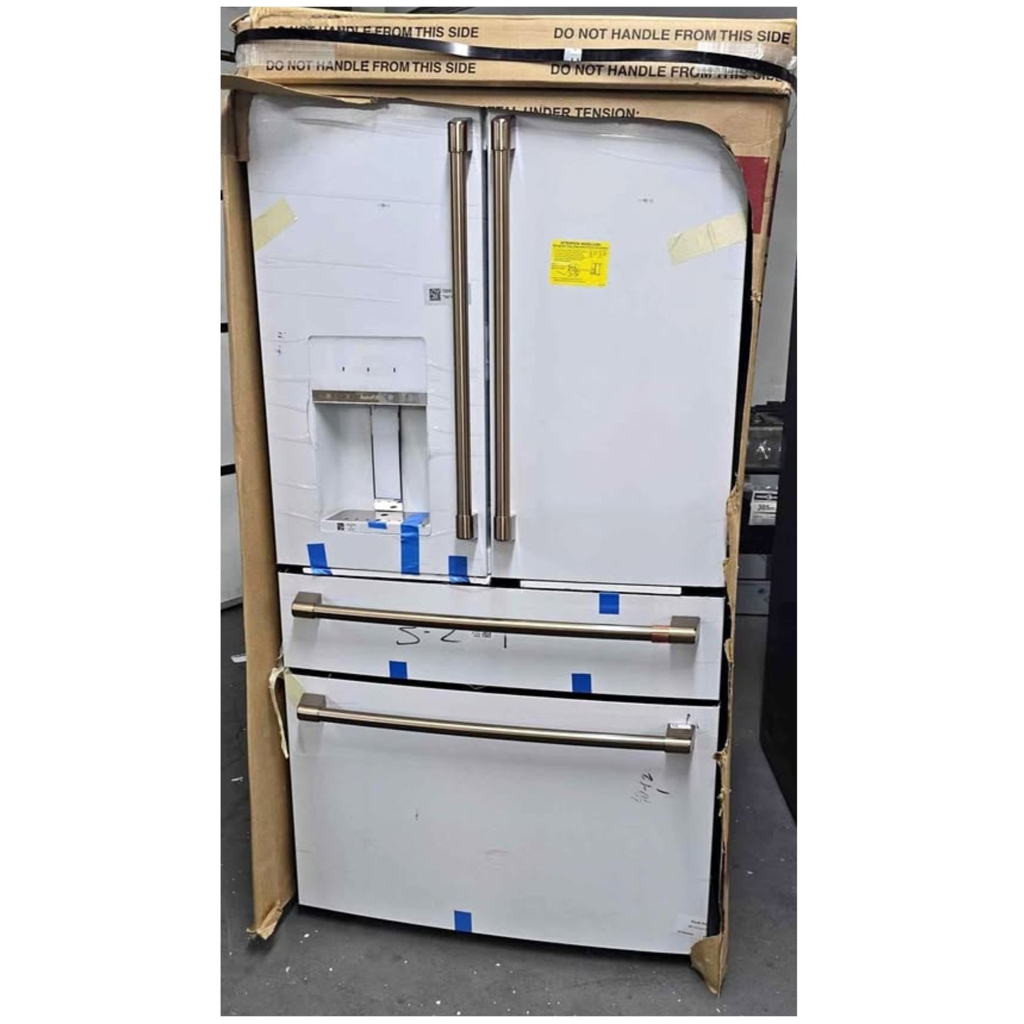 GE Café Matte White Smart French Door Refrigerator with Hot Water Dispenser, Brushed Bronze Handles