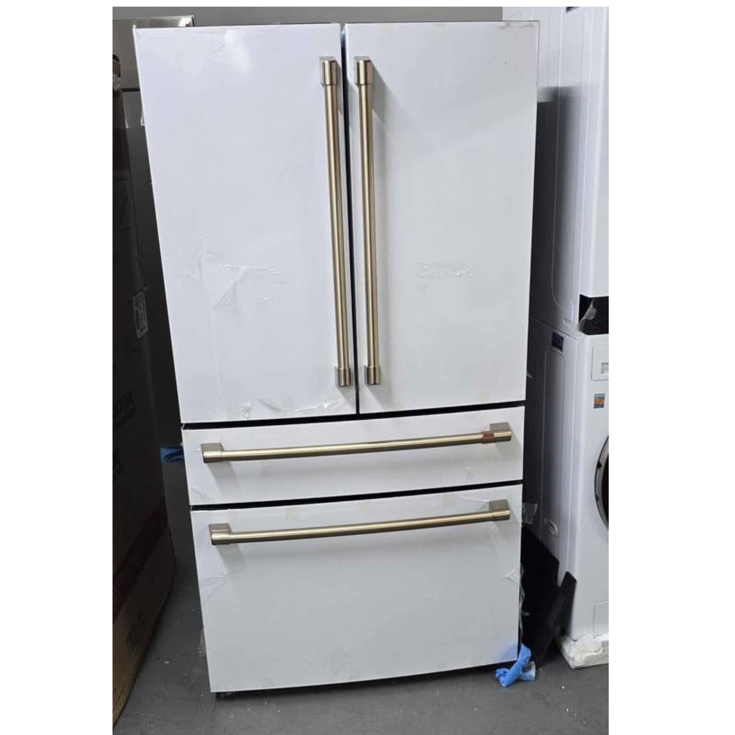 GE Café Matte White Smart French Door Refrigerator with Hot Water Dispenser, Brushed Bronze Handles